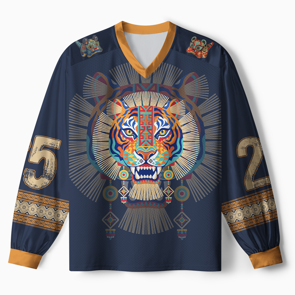 Tokyo-Tiger Tribal Folk Art Colorful Tiger Paneled Long Sleeve Jersey
