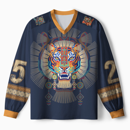 Tokyo-Tiger Tribal Folk Art Colorful Tiger Paneled Long Sleeve Jersey