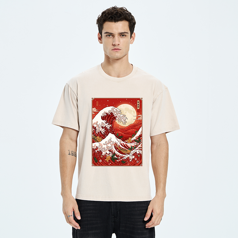 Tokyo-Tiger Gingerbread Surfing Christmas Wave Art Washed T-Shirt