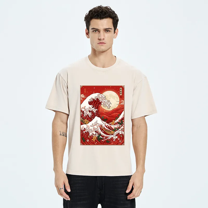 Tokyo-Tiger Gingerbread Surfing Christmas Wave Art Washed T-Shirt