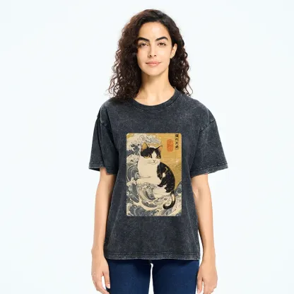 Tokyo-Tiger Surfing Cat Washed T-Shirt