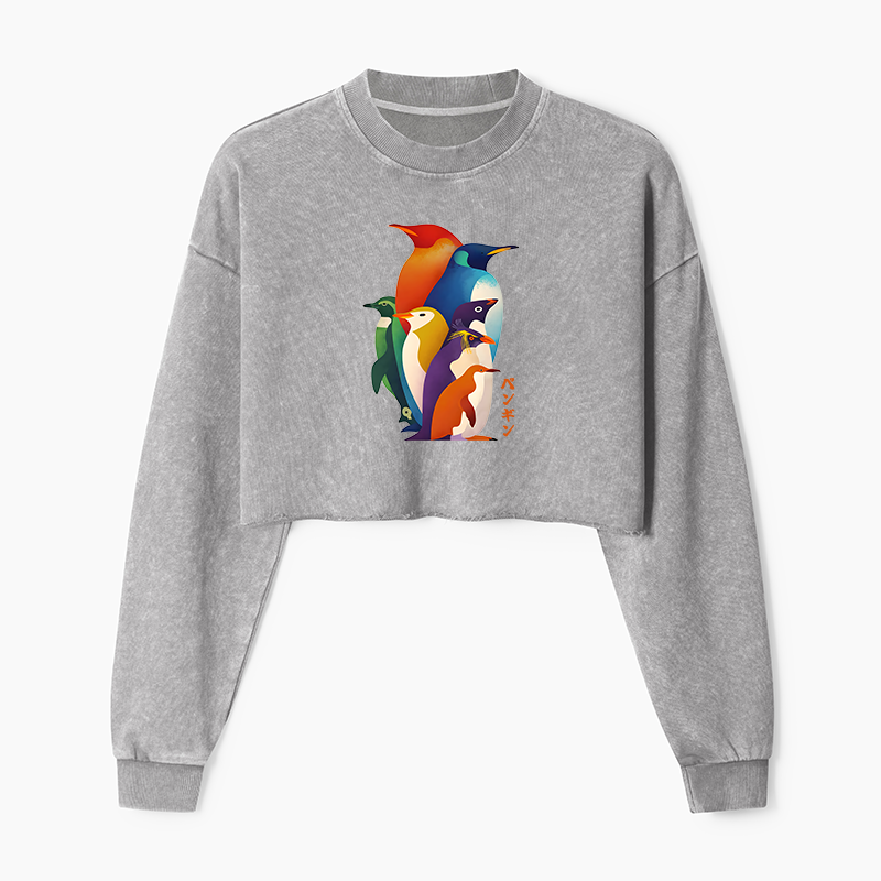 Tokyo-Tiger Cute Multi Tone Penguins Washed Crop Sweatshirt
