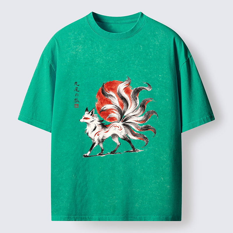 Tokyo-Tiger Nine-Tailed Fox Ink Art Washed T-Shirt