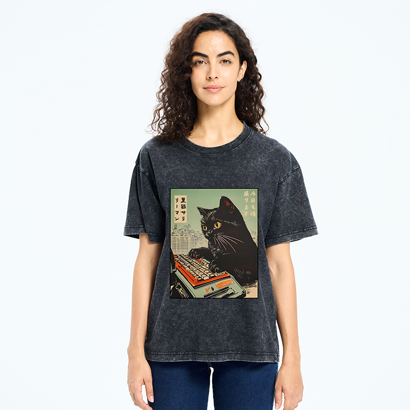 Tokyo-Tiger Cat Typing Washed T-Shirt