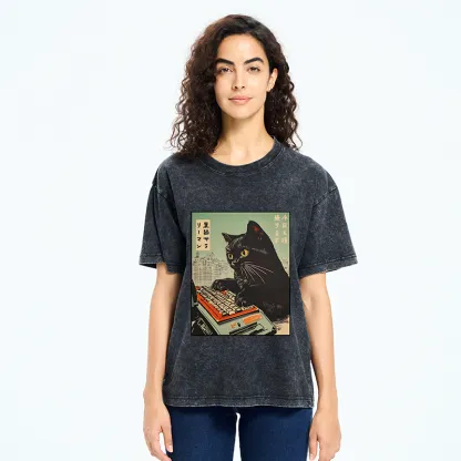 Tokyo-Tiger Cat Typing Washed T-Shirt
