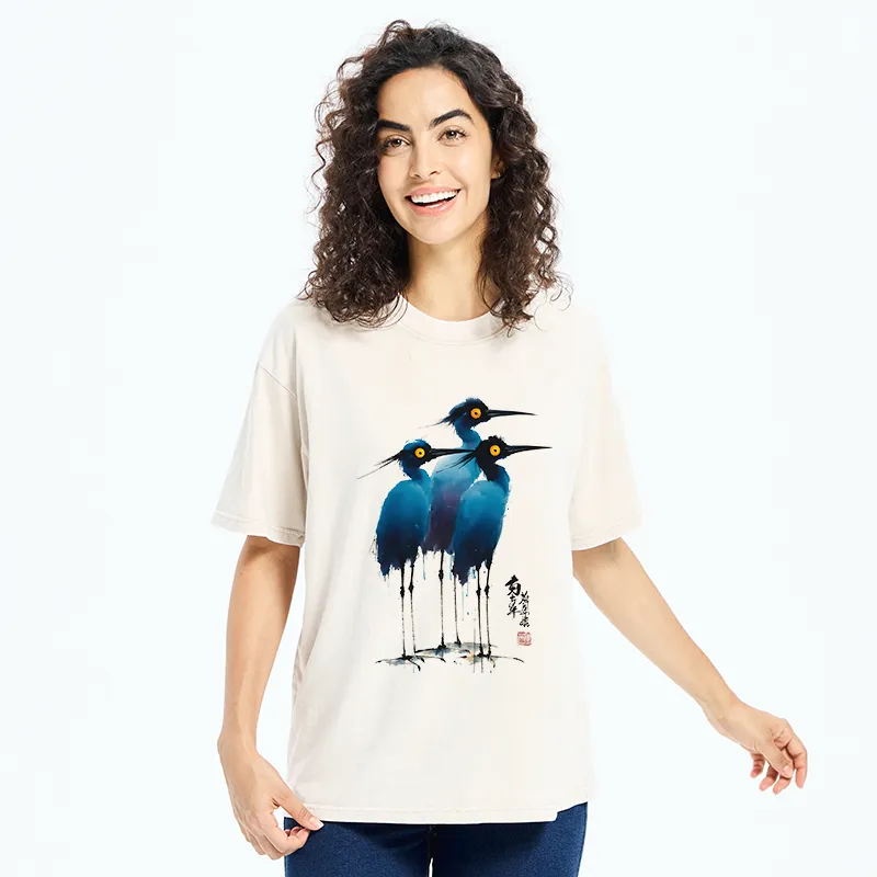 Tokyo-Tiger Great Blue Heron Ink Painting Washed T-Shirt