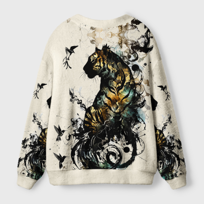 Tokyo-Tiger Golden Tiger And Soaring Birds Ugly Cardigan Sweater