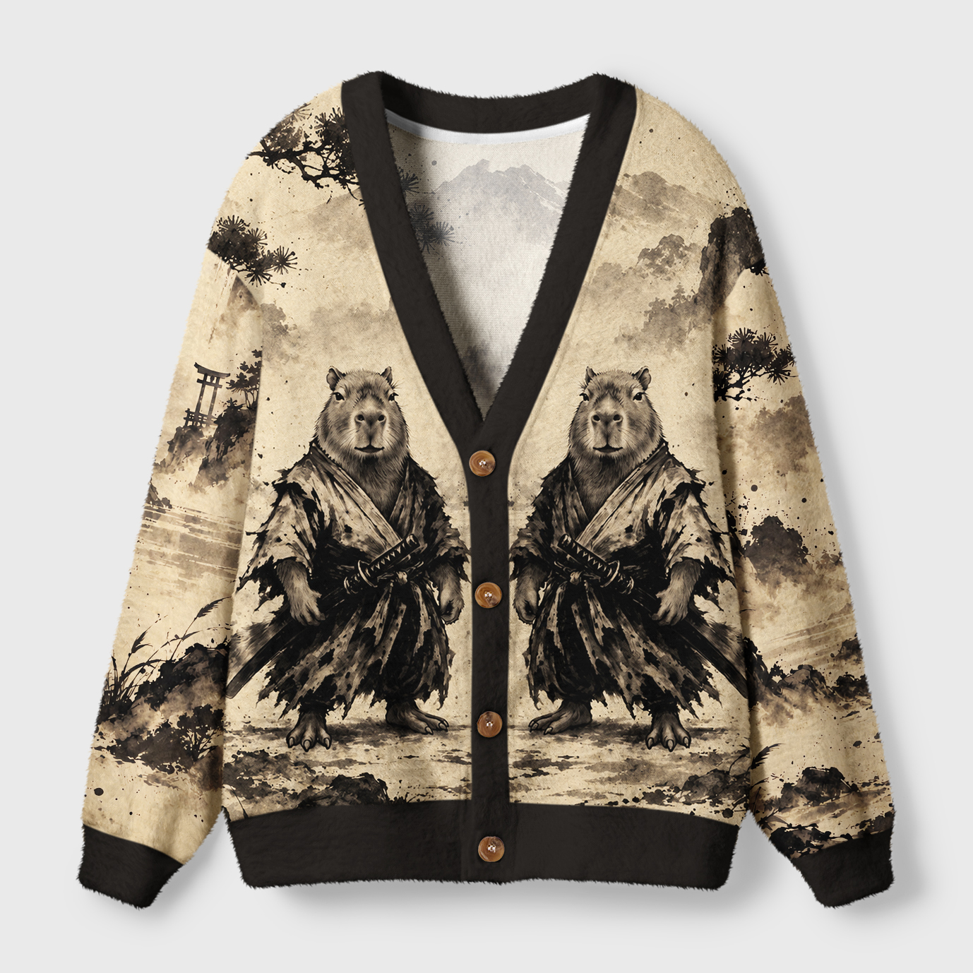 Tokyo-Tiger Calm Blade Capybara Samurai Ugly Cardigan Sweater