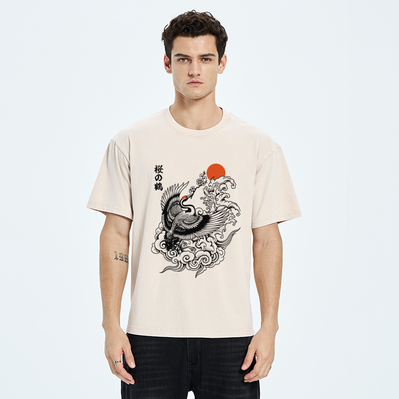 Tokyo-Tiger Sakura Crane In Flight Washed T-Shirt