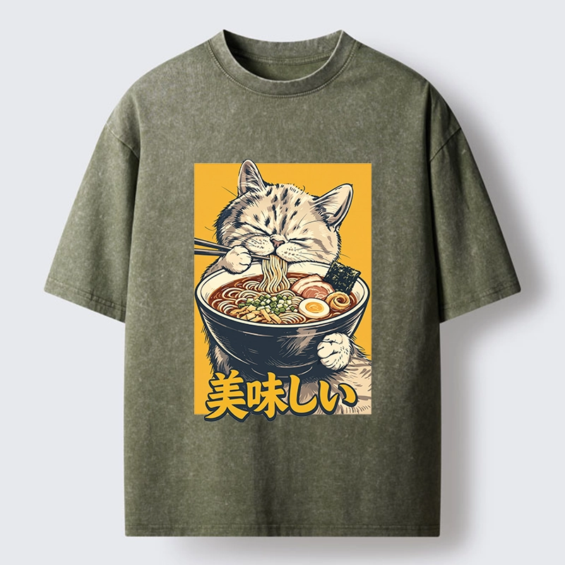 Tokyo‑Tiger Cat Eat Ramen Washed T‑Shirt