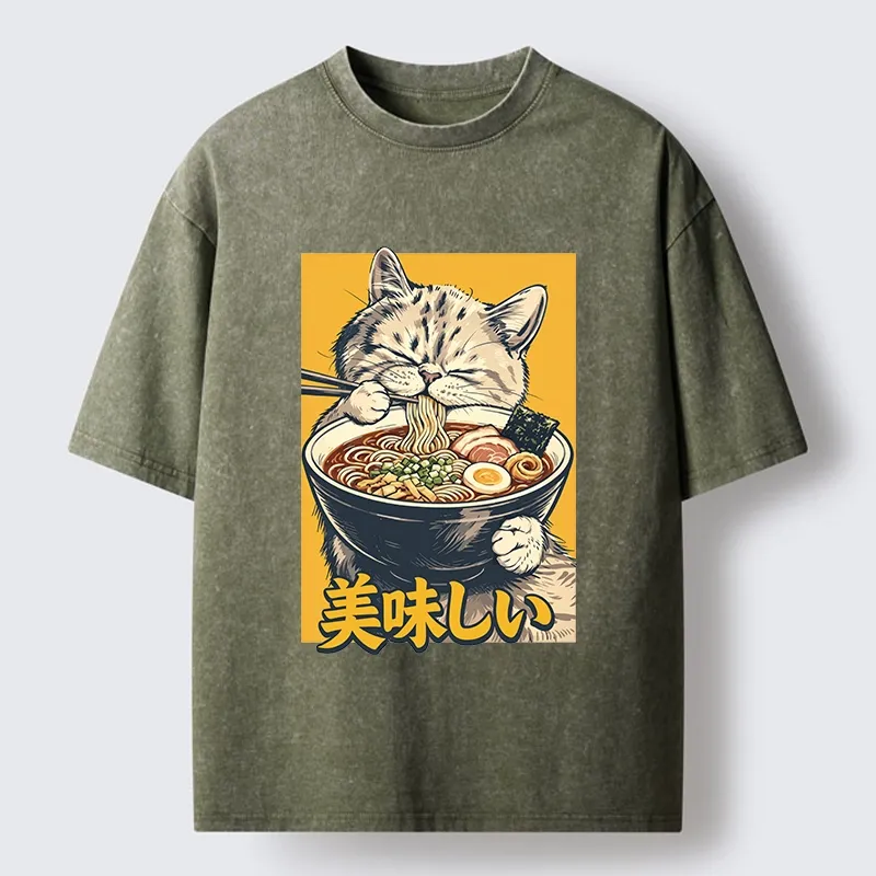 Tokyo‑Tiger Cat Eat Ramen Washed T‑Shirt