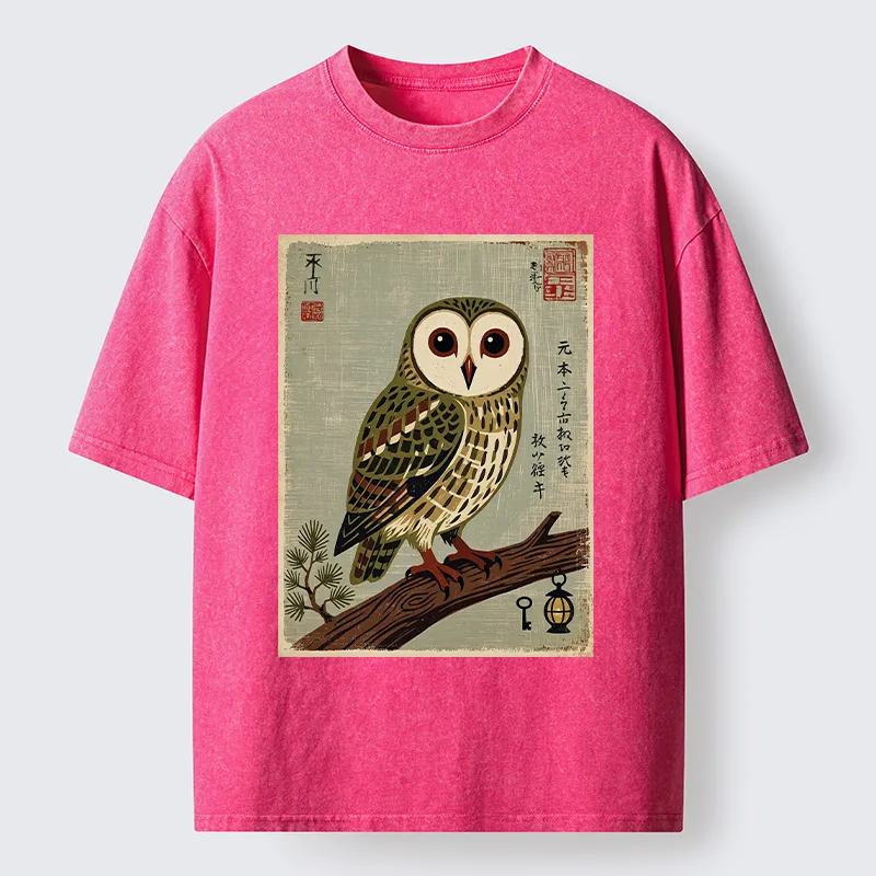 Tokyo-Tiger Vintage Woodblock Owl Art Washed T-Shirt