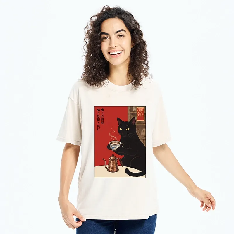 Tokyo-Tiger Cat Coffee Time Japanese Print Washed T-Shirt