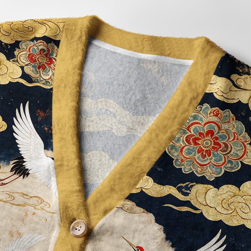 Tokyo-Tiger Red-Crowned Crane Golden Cloud Plum Blossom Ugly Cardigan Sweater