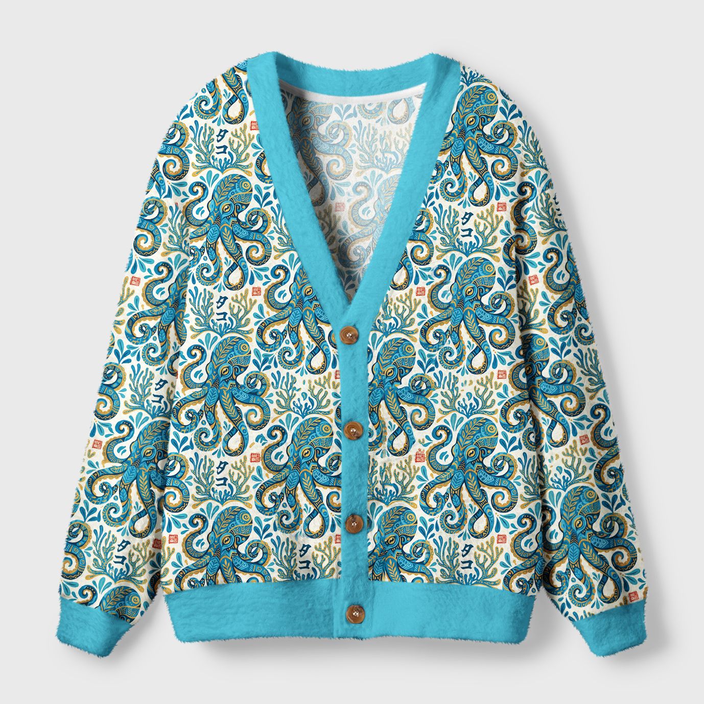 Tokyo-Tiger Mystic Octopus Waves Ugly Cardigan Sweater