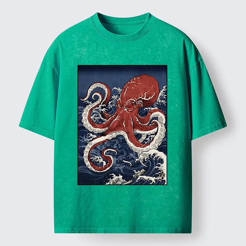 Tokyo-Tiger Japanese Octopus Wave Washed T-Shirt