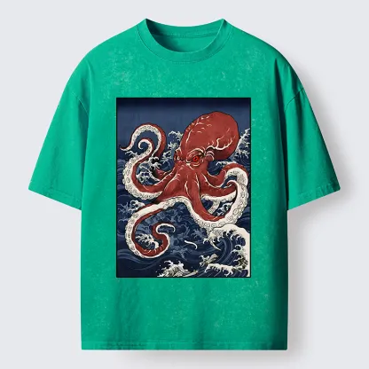 Tokyo-Tiger Japanese Octopus Wave Washed T-Shirt