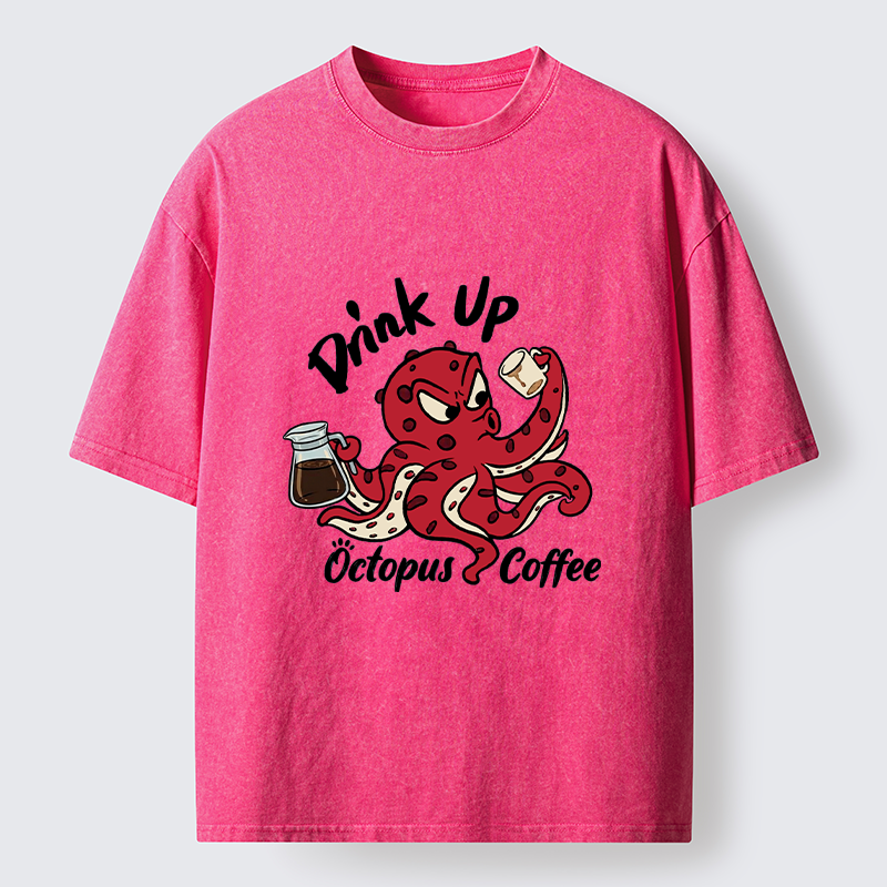 Tokyo-Tiger Red Octopus Drinking Coffee Washed T-Shirt