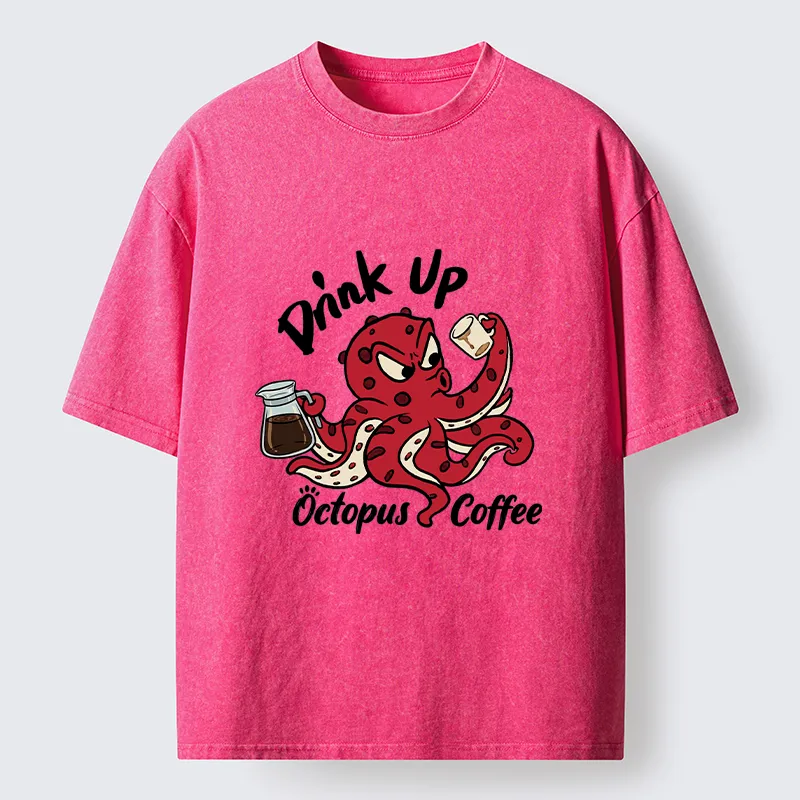 Tokyo-Tiger Red Octopus Drinking Coffee Washed T-Shirt