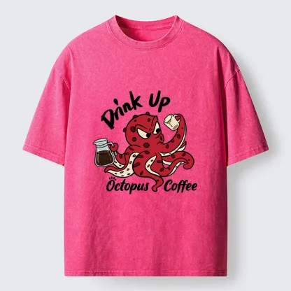 Tokyo-Tiger Red Octopus Drinking Coffee Washed T-Shirt