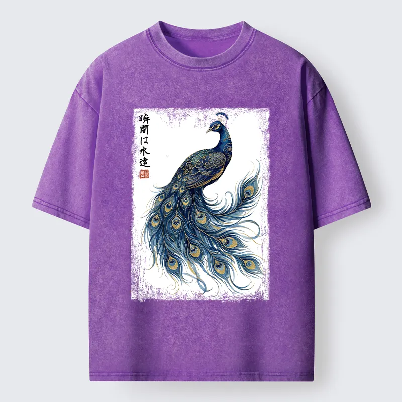 Tokyo-Tiger Elegant Peacock Art Washed T-Shirt