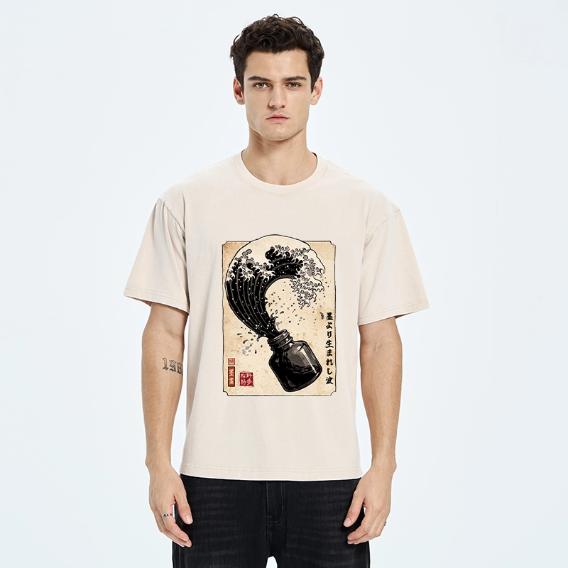 Tokyo‑Tiger Ink Wave Bottle Art Washed T‑Shirt