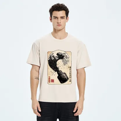 Tokyo‑Tiger Ink Wave Bottle Art Washed T‑Shirt