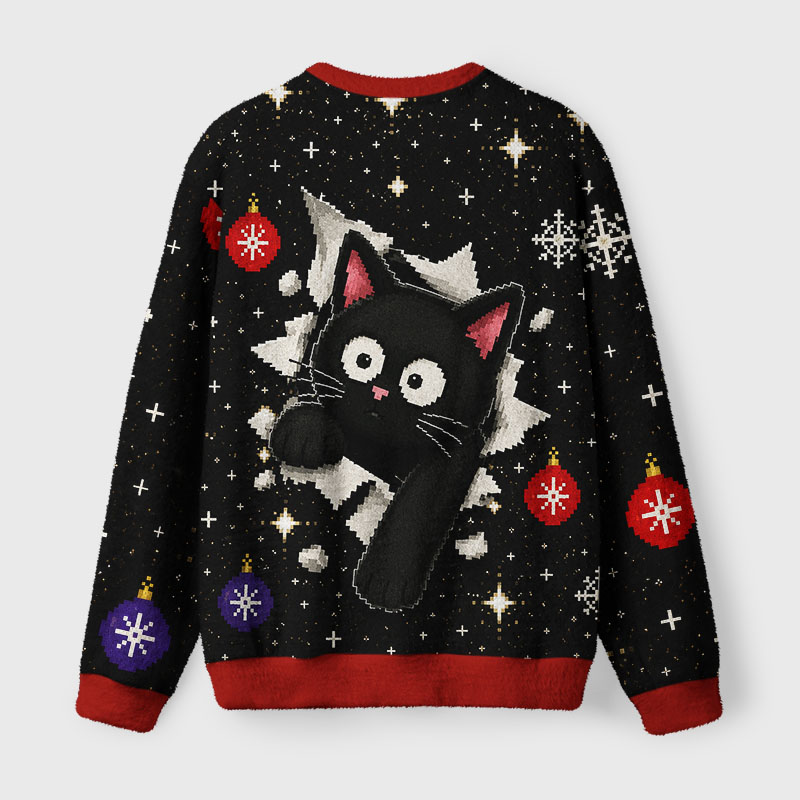 Tokyo-Tiger Breakout Black Cat Fuzzy Christmas Ugly Sweatshirt
