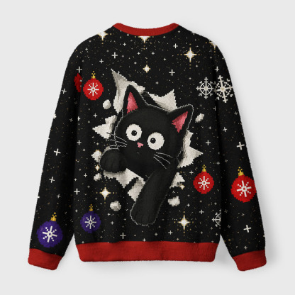Tokyo-Tiger Breakout Black Cat Fuzzy Christmas Ugly Sweatshirt