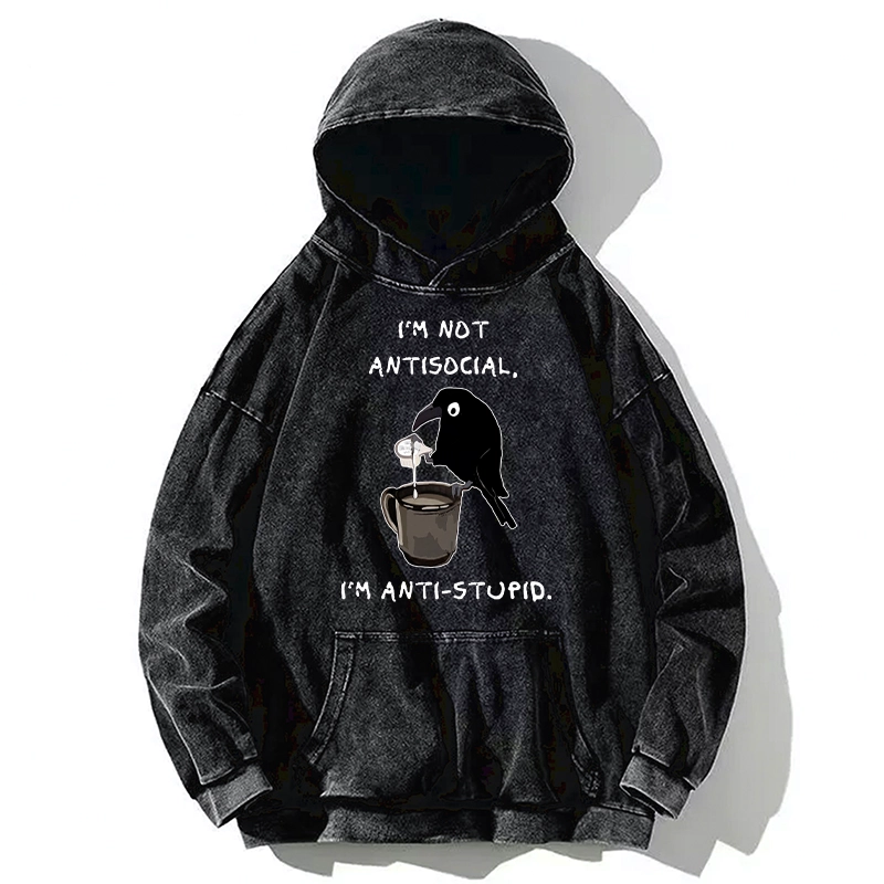 Tokyo-Tiger Cool Crow Sips Calm Coffee Alone Washed Hoodie