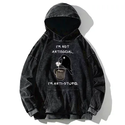 Tokyo-Tiger Cool Crow Sips Calm Coffee Alone Washed Hoodie