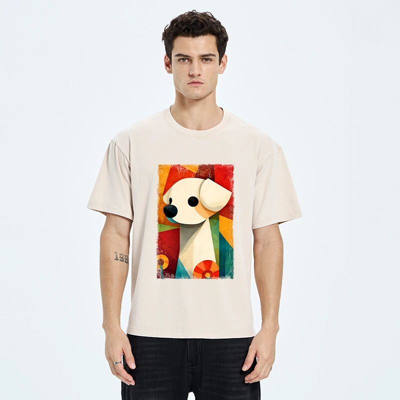 Tokyo-Tiger Retro Abstract Color Block Puppy Art Washed T-Shirt