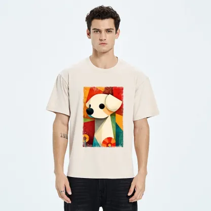 Tokyo-Tiger Retro Abstract Color Block Puppy Art Washed T-Shirt