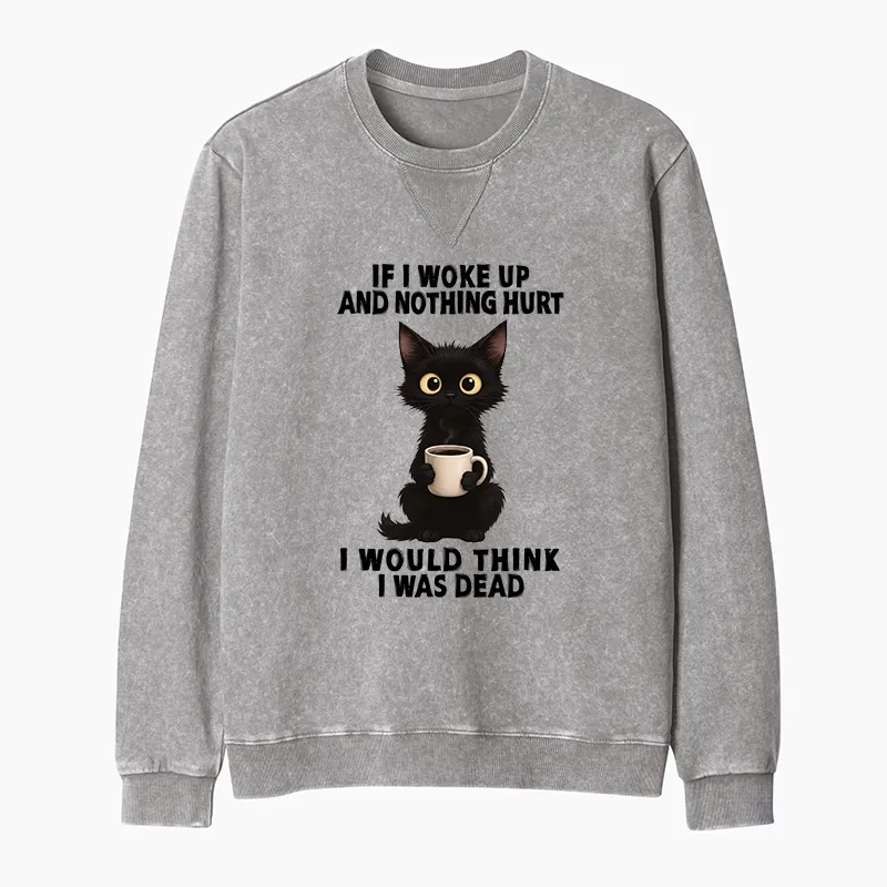 Tokyo-Tiger Funny Cute Black Cat And Coffee Meme Washed Terry Sweatshirt