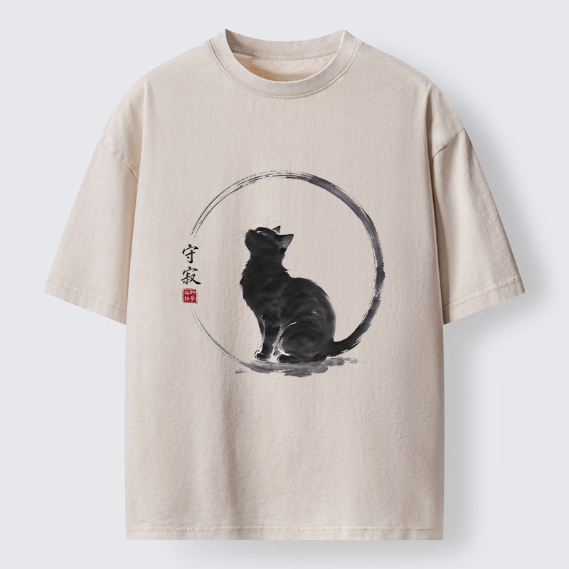 Tokyo-Tiger Traditional Zen Ink Cat Washed T-Shirt
