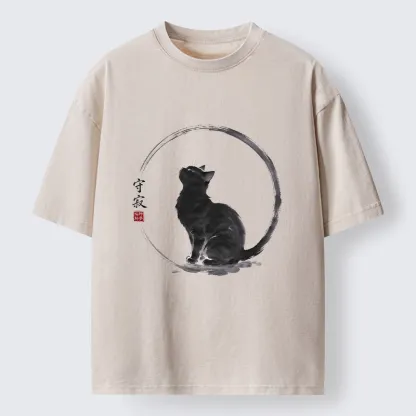 Tokyo-Tiger Traditional Zen Ink Cat Washed T-Shirt