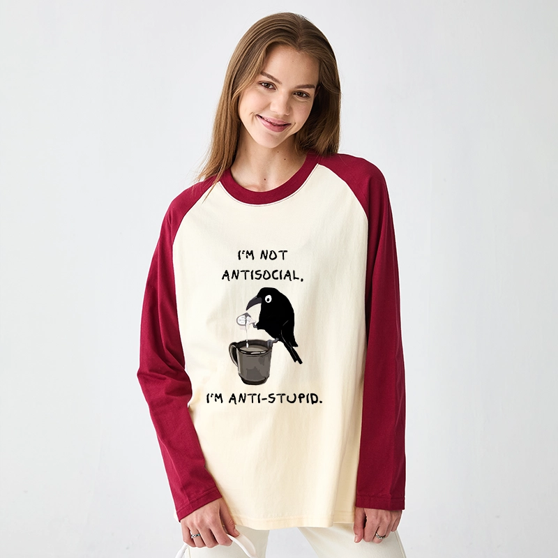 Tokyo-Tiger Cool Crow Sips Calm Coffee Alone Raglan Long Sleeve T-shirt