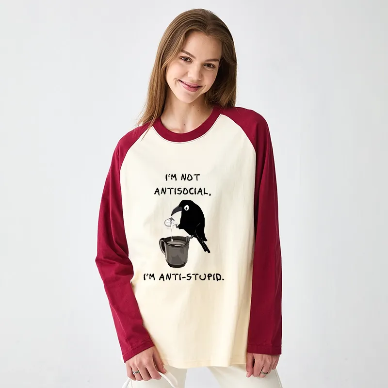 Tokyo-Tiger Cool Crow Sips Calm Coffee Alone Raglan Long Sleeve T-shirt