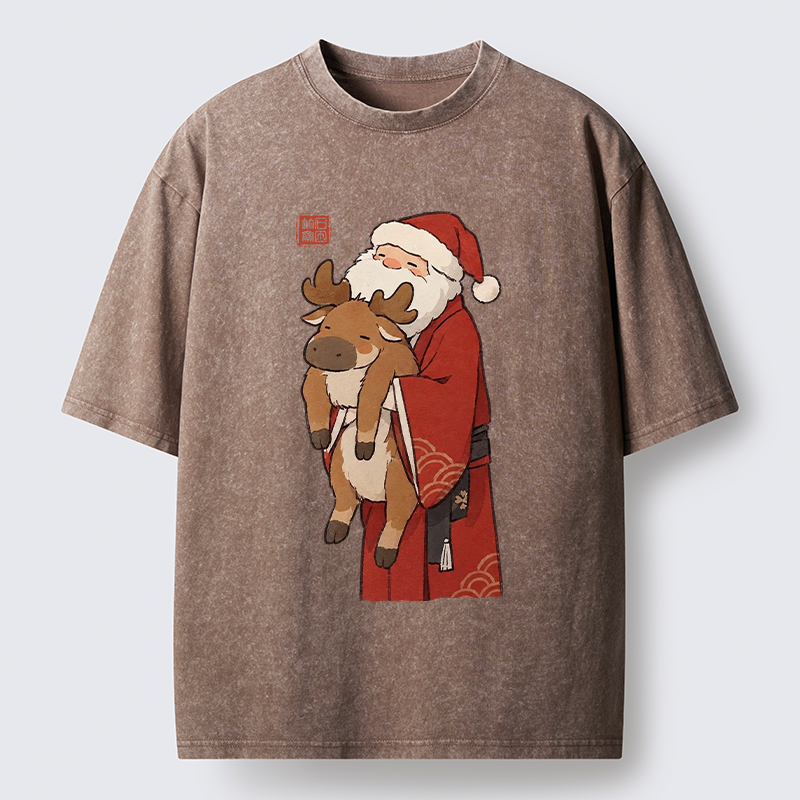 Tokyo‑Tiger Kimono Santa Hug Moose Washed T‑Shirt