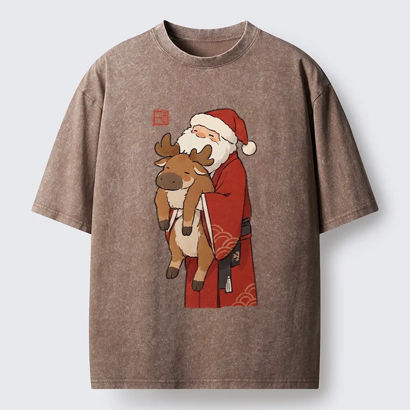Tokyo‑Tiger Kimono Santa Hug Moose Washed T‑Shirt