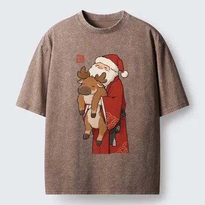 Tokyo‑Tiger Kimono Santa Hug Moose Washed T‑Shirt