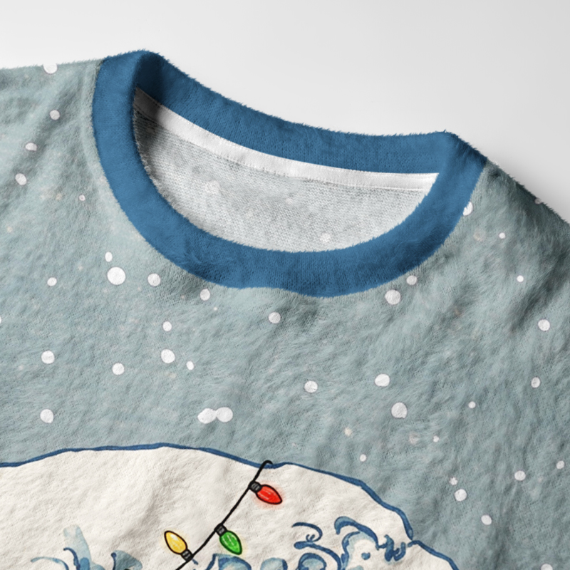 Tokyo-Tiger Cat Riding The Ukiyo-E Wave Fuzzy Christmas Ugly Sweatshirt