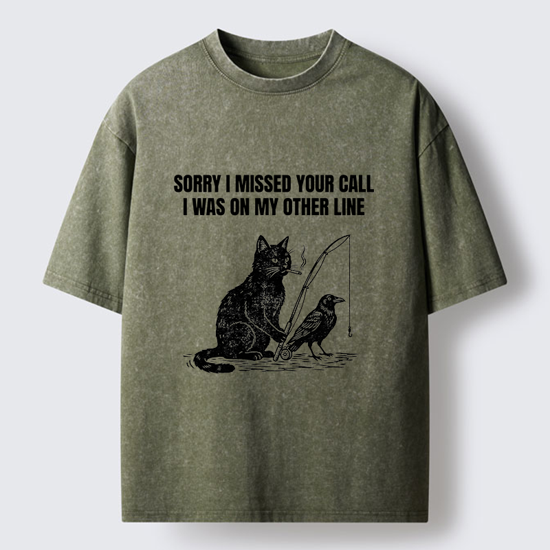 Tokyo-Tiger Funny Cat Fishing With Crow Meme Washed T-Shirt