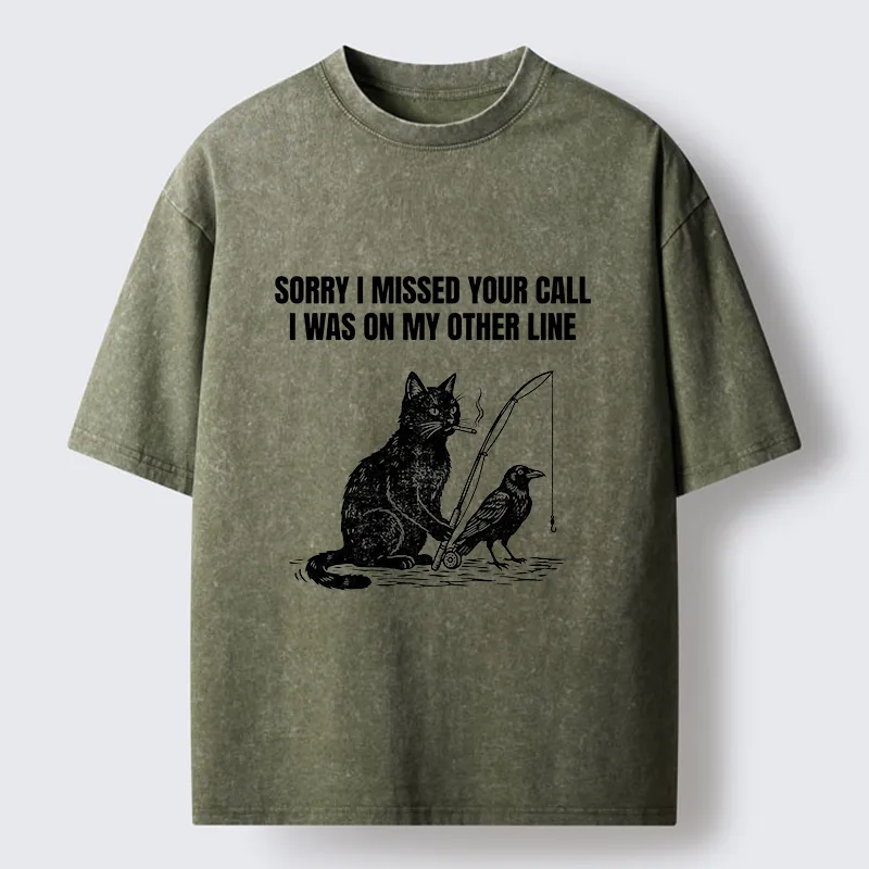 Tokyo-Tiger Funny Cat Fishing With Crow Meme Washed T-Shirt