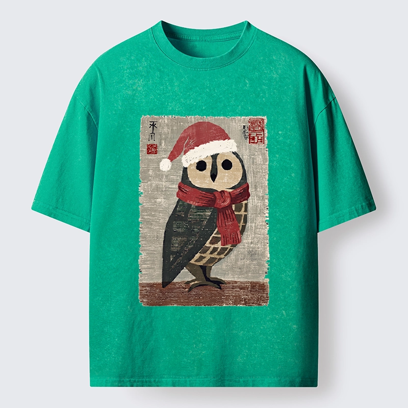 Tokyo-Tiger Christmas Owl Santa Hat Washed T-Shirt