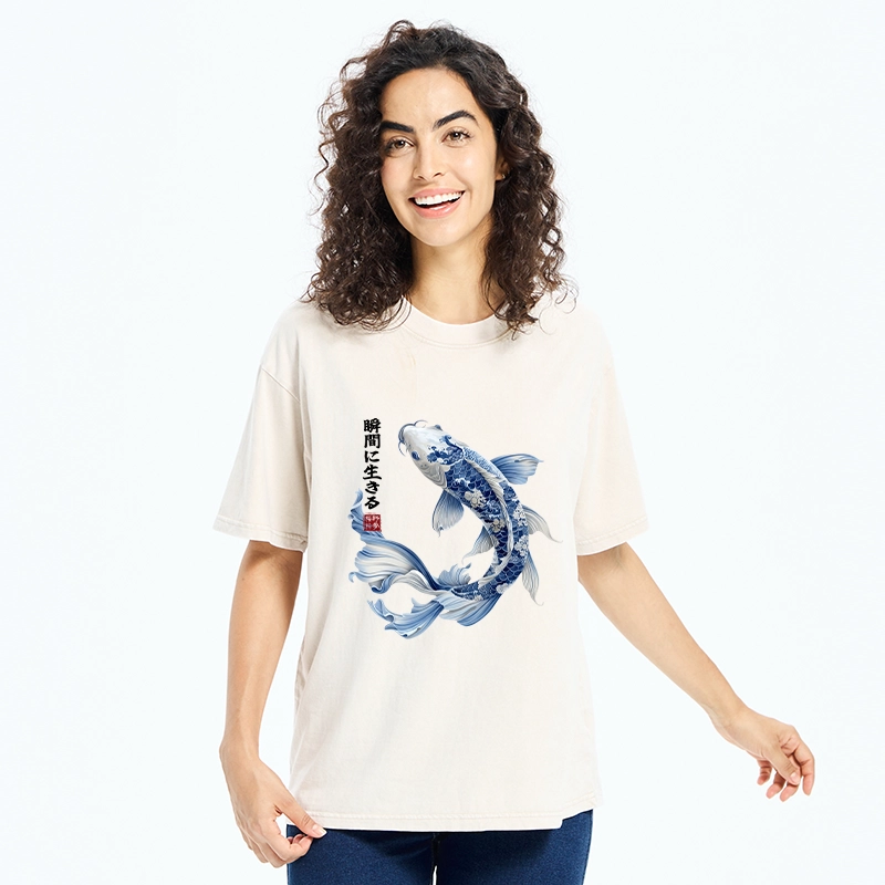 Tokyo-Tiger Blue And White Koi Fish Japanese Art Print Washed T-Shirt