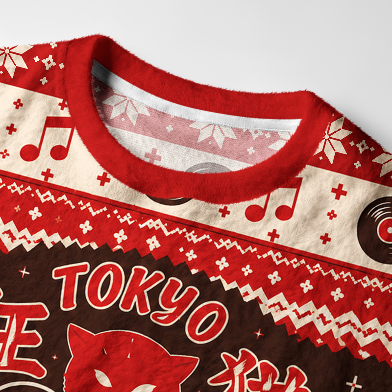 Tokyo-Tiger Retro Vinyl Record Cat Fuzzy Christmas Ugly Sweatshirt