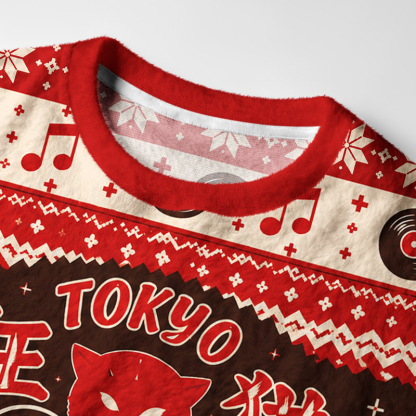 Tokyo-Tiger Retro Vinyl Record Cat Fuzzy Christmas Ugly Sweatshirt