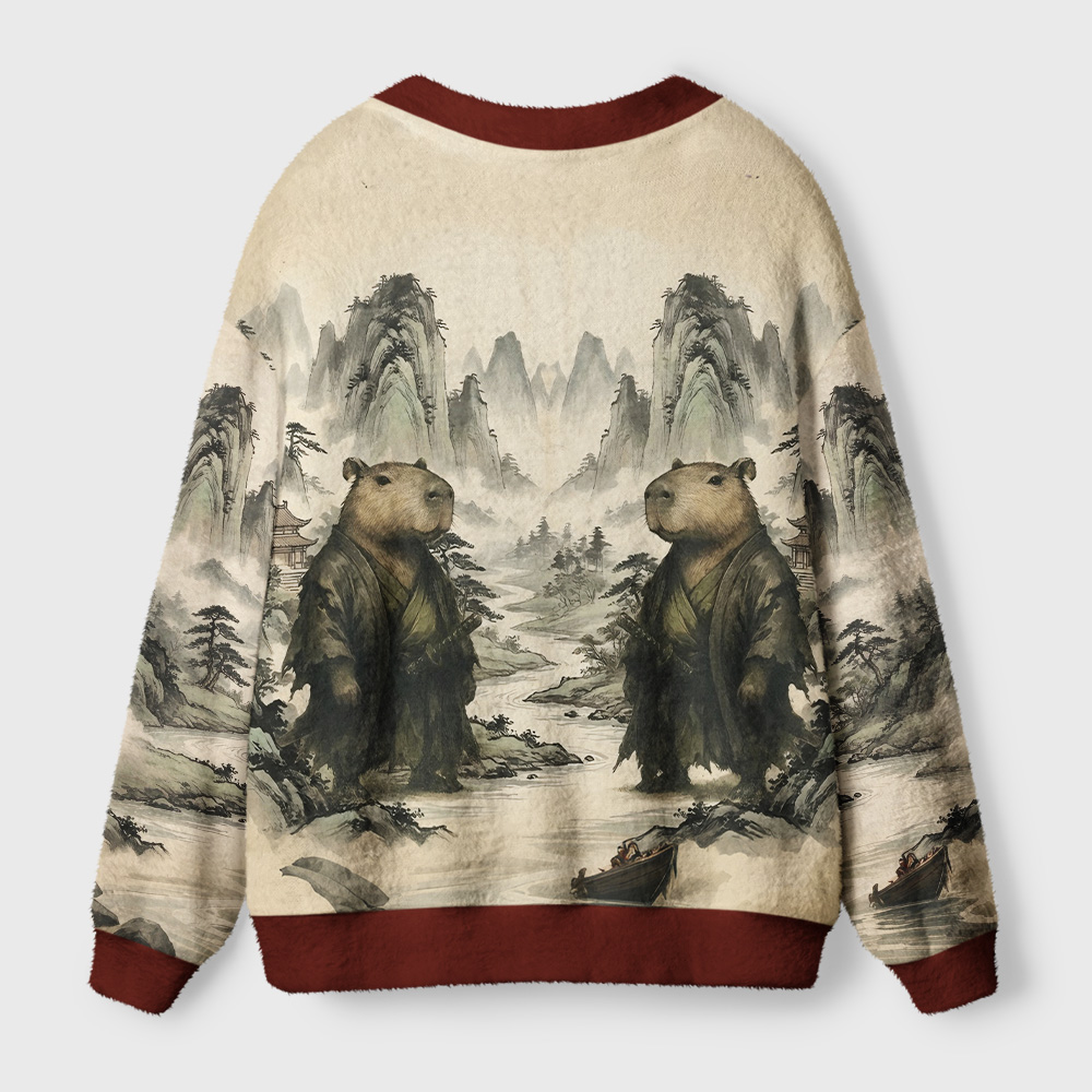 Tokyo-Tiger Capybara Samurai Ugly Cardigan Sweater