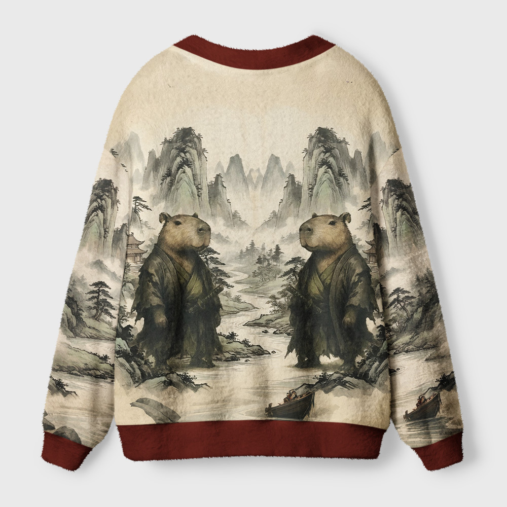 Tokyo-Tiger Capybara Samurai Ugly Cardigan Sweater